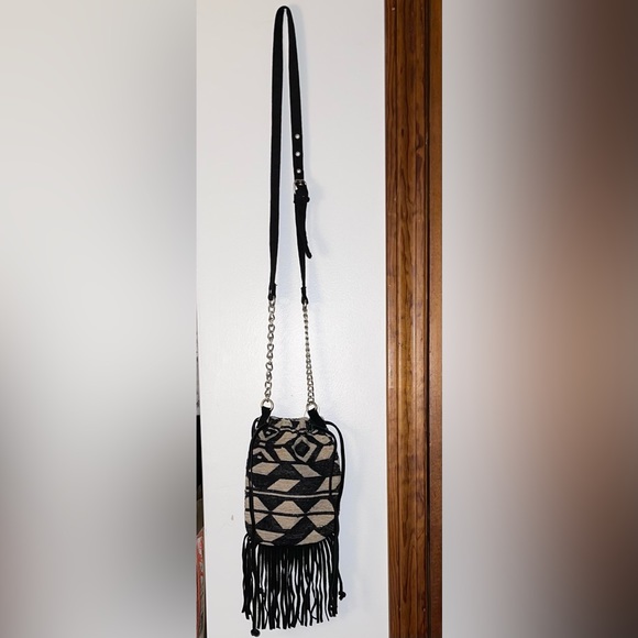 AEO American Eagle NEW Fabric Aztec Suede Fringe Drawstring Crossbody Bag - Picture 2 of 14